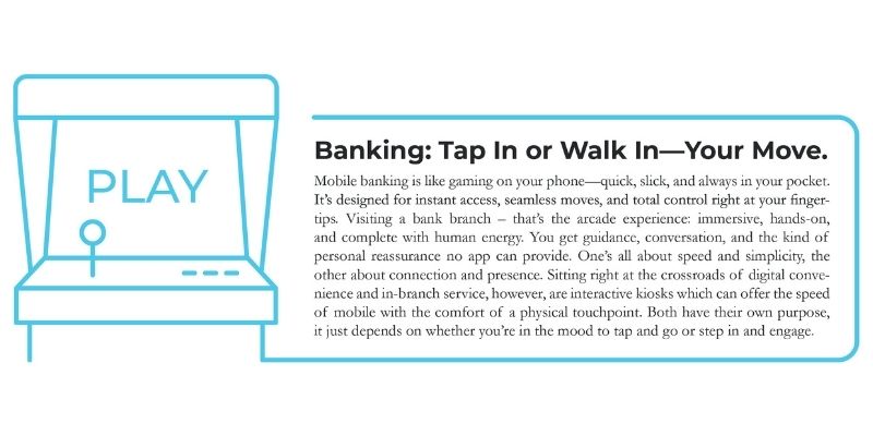 Tap In or Walk In—Your Move. Mobile banking is like gaming on your phone—quick, slick, and always in your pocket. It’s designed for instant access, seamless moves, and total control right at your fingertips. Visiting a bank branch – that’s the arcade experience: immersive, hands-on, and complete with human energy. You get guidance, conversation, and the kind of personal reassurance no app can provide. One’s all about speed and simplicity, the other about connection and presence. Sitting right at the crossroads of digital convenience and in-branch service, however, are interactive kiosks which can offer the speed of mobile with the comfort of a physical touchpoint. Both have their own purpose, it just depends on whether you’re in the mood to tap and go or step in and engage.
